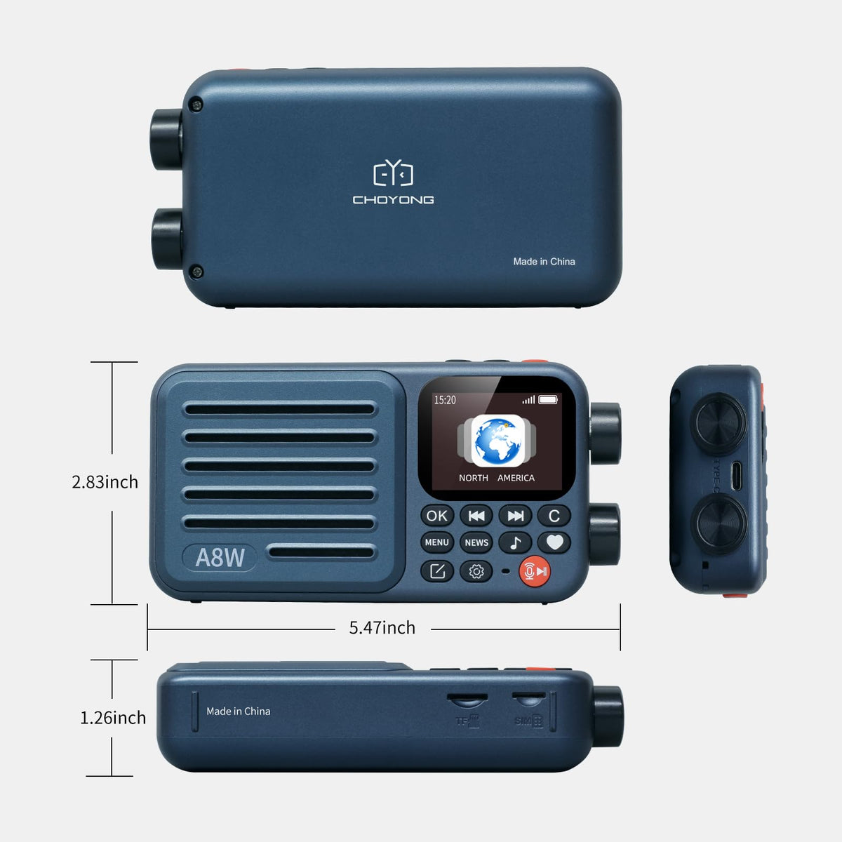 CHOYONG A8W user interface shows station categorization and voice search.
