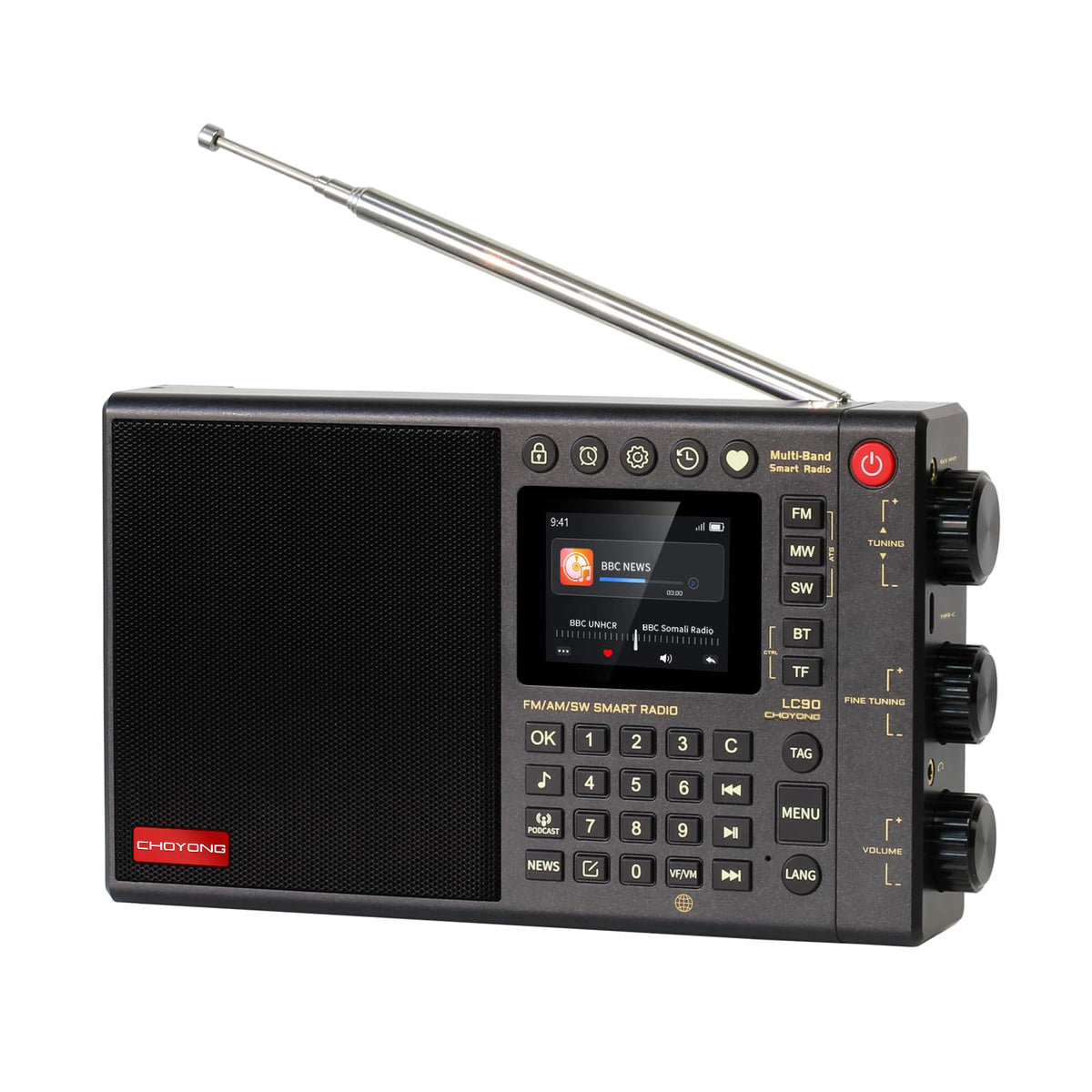 CHOYONG LC90 internet radio front view showing compact portable design for travel and home listening.