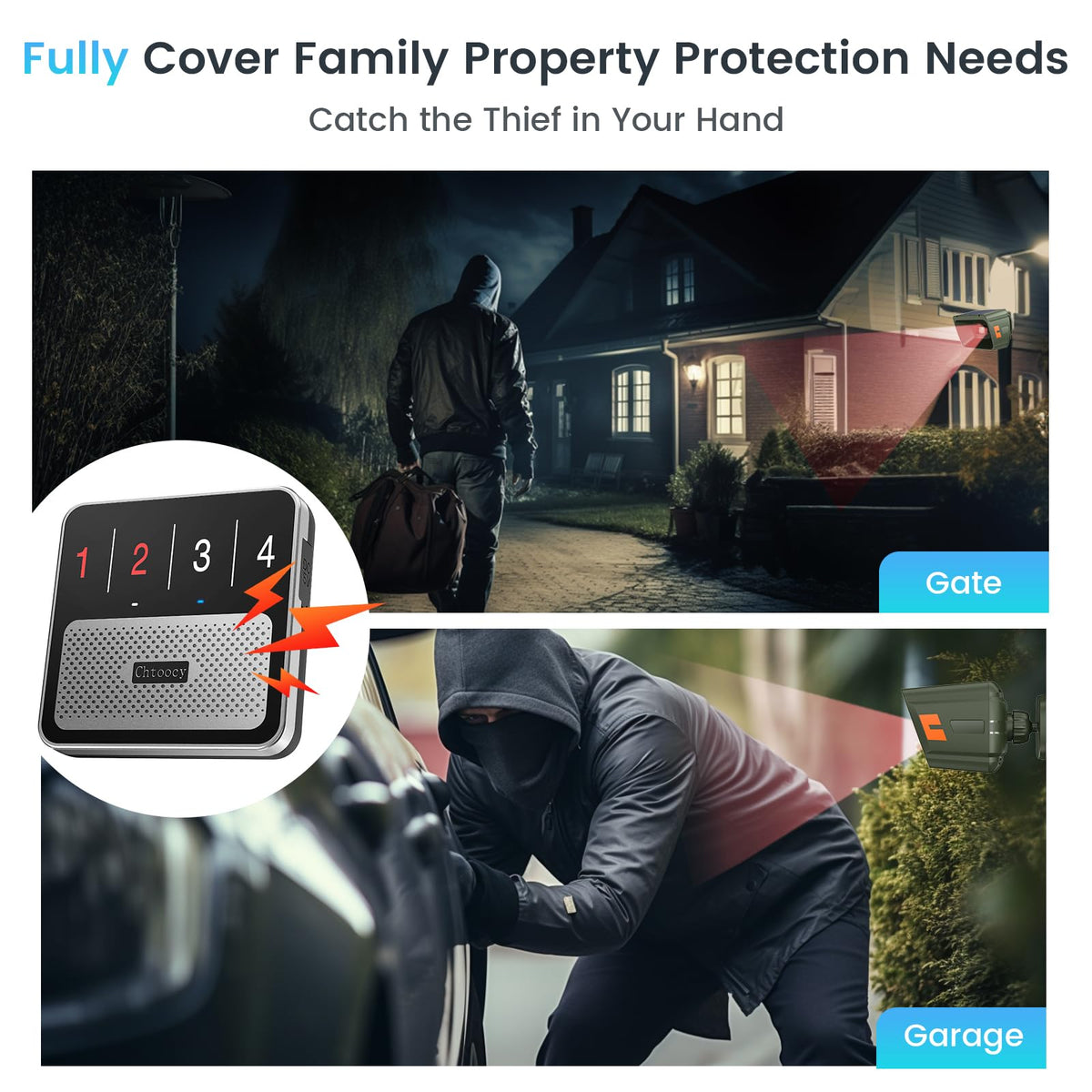 Chtoocy sensor mounted on a driveway post illustrating easy outdoor installation
