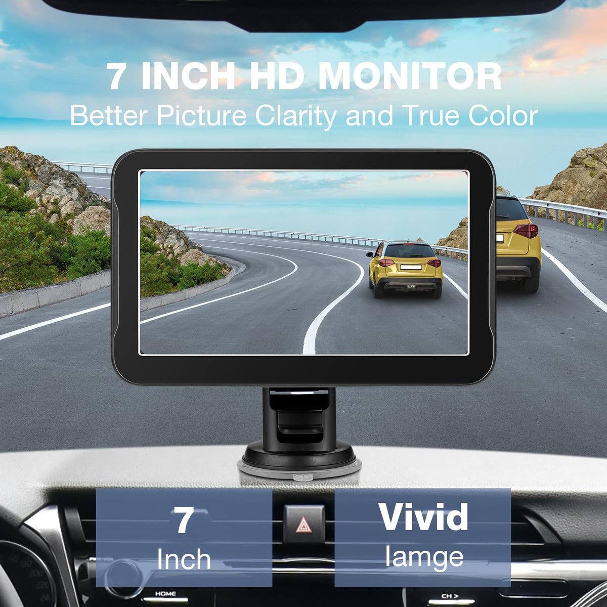 Chuanganzhuo 7-inch windshield mount keeps display at eye level for safe reversing.