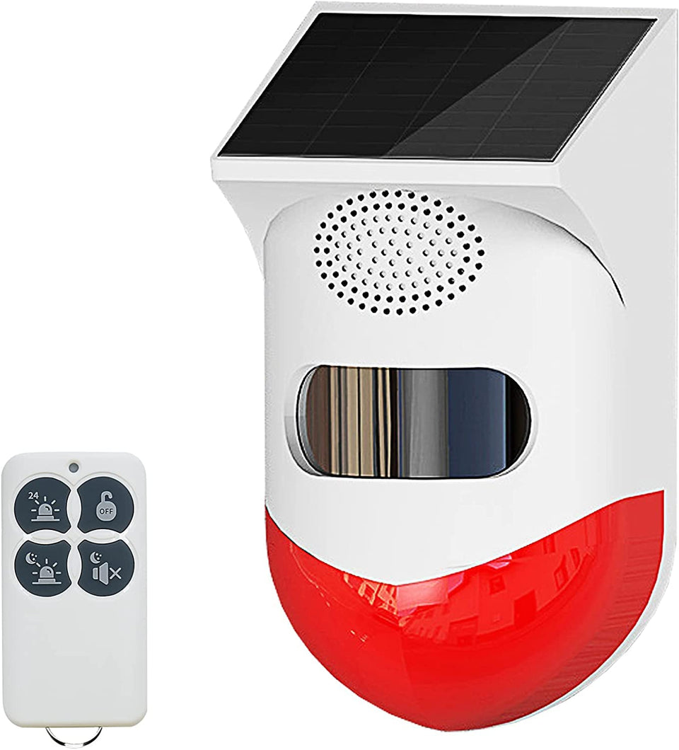 ChunHee Solar Strobe Alarm Light front view shows outdoor security visibility.