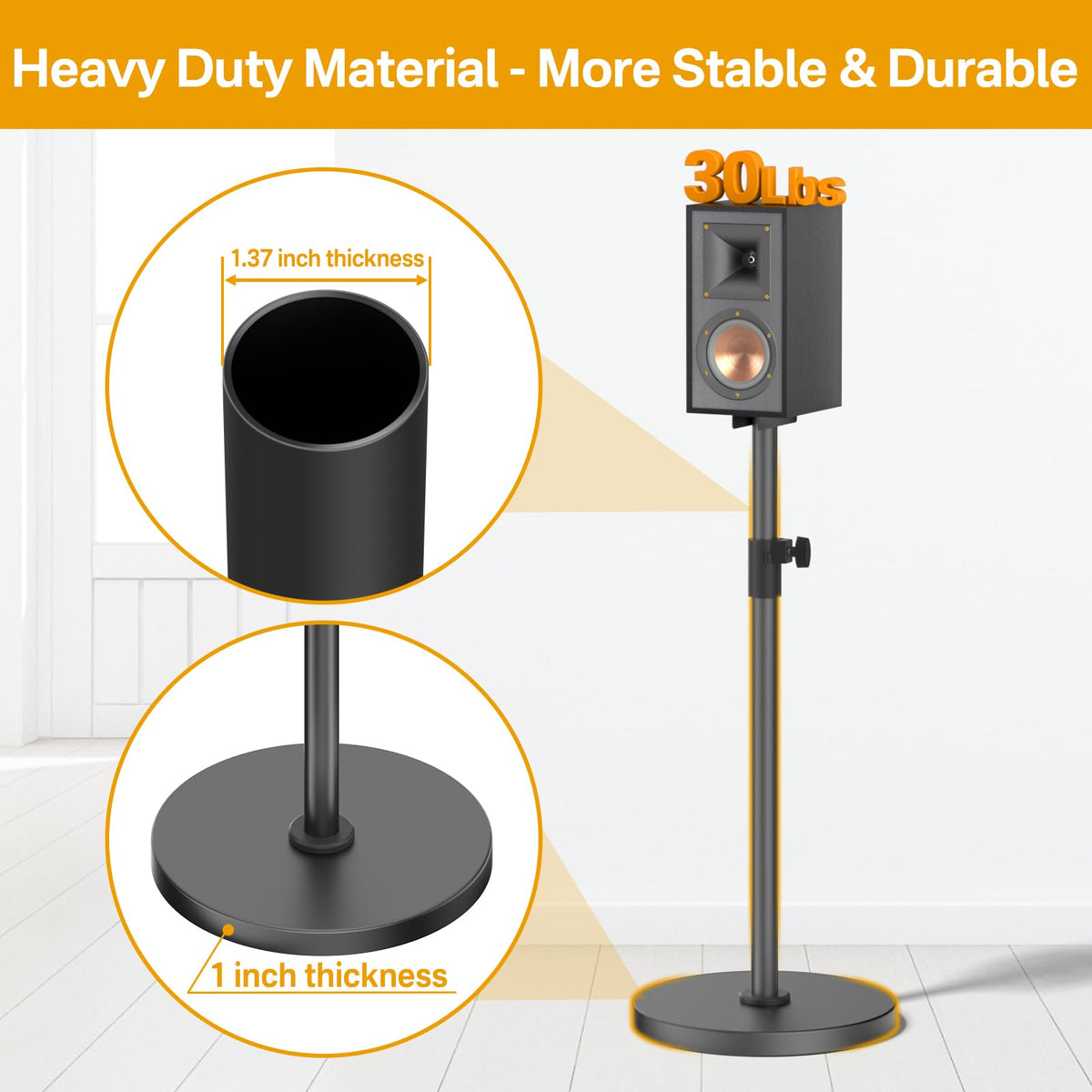 Chunxiao stands with Klipsch speakers in living room for clearer listening