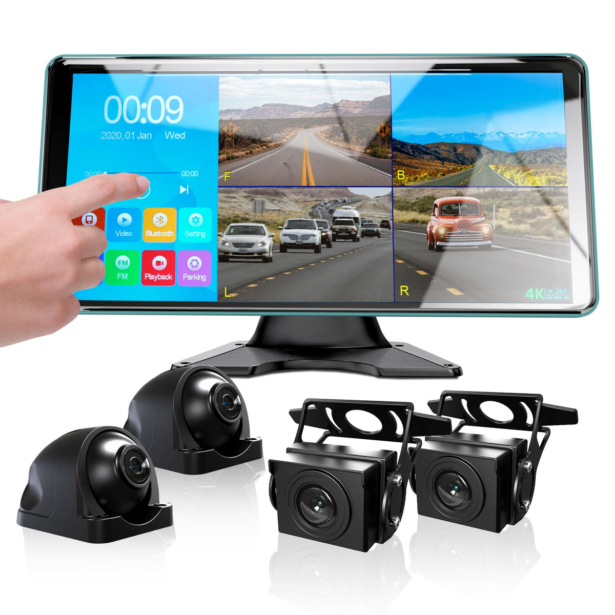 Ciascy quad-split monitor displays four camera feeds for 360-degree awareness.