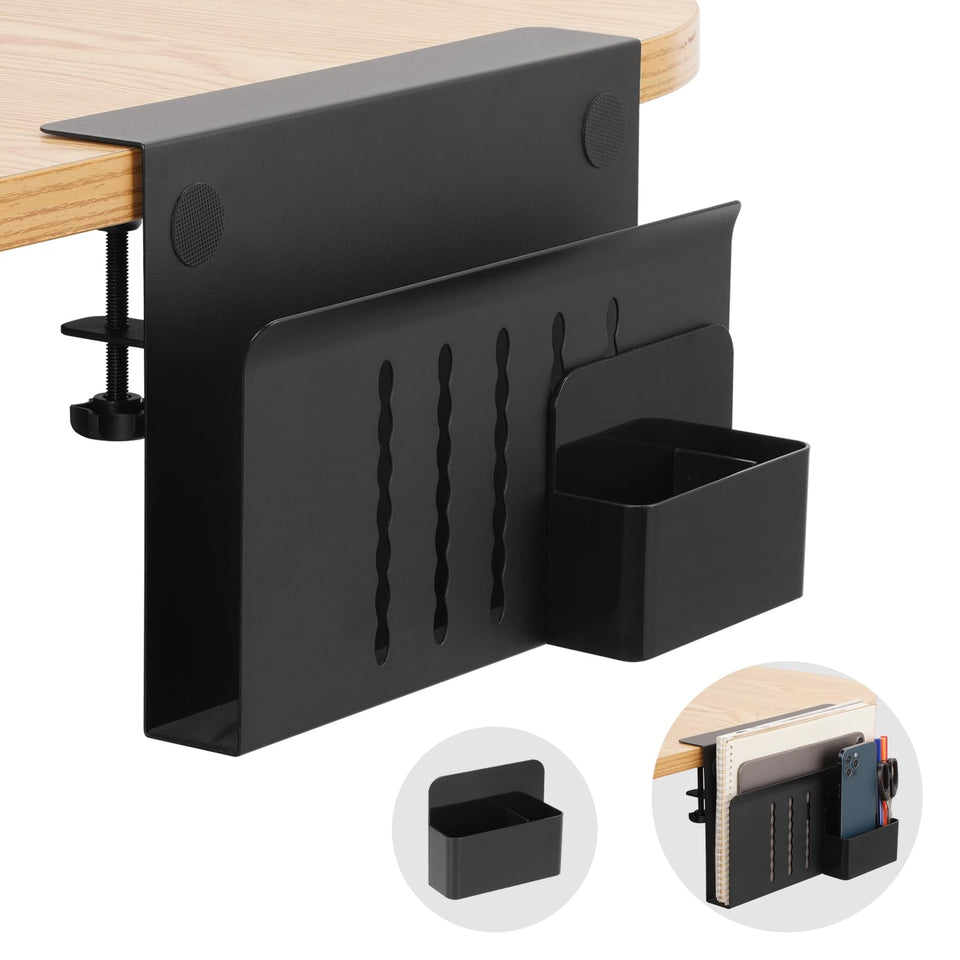 CIBOTIES desk-side storage mounted to desk edge for easy organization.