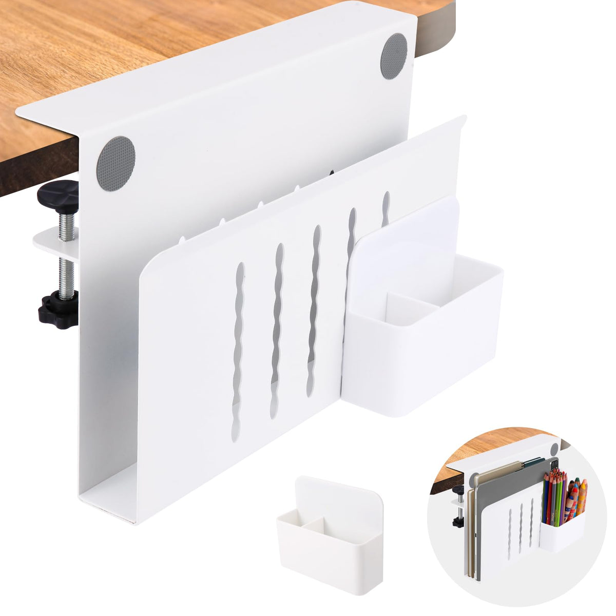 CIBOTIES desk-side storage mount keeps laptops and documents within easy reach.
