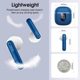 cillso earbuds next to a credit card for scale, showing compact size
