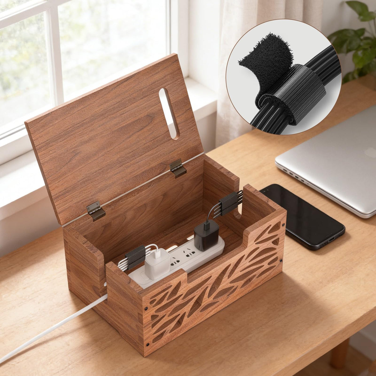 CILXGQLN wooden cable box lid open for easy access to cords.