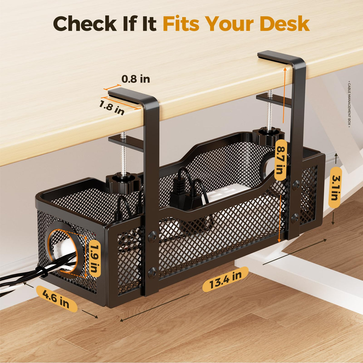Cinati cable tray installed on a desk frame illustrates secure, clutter-free workspace.