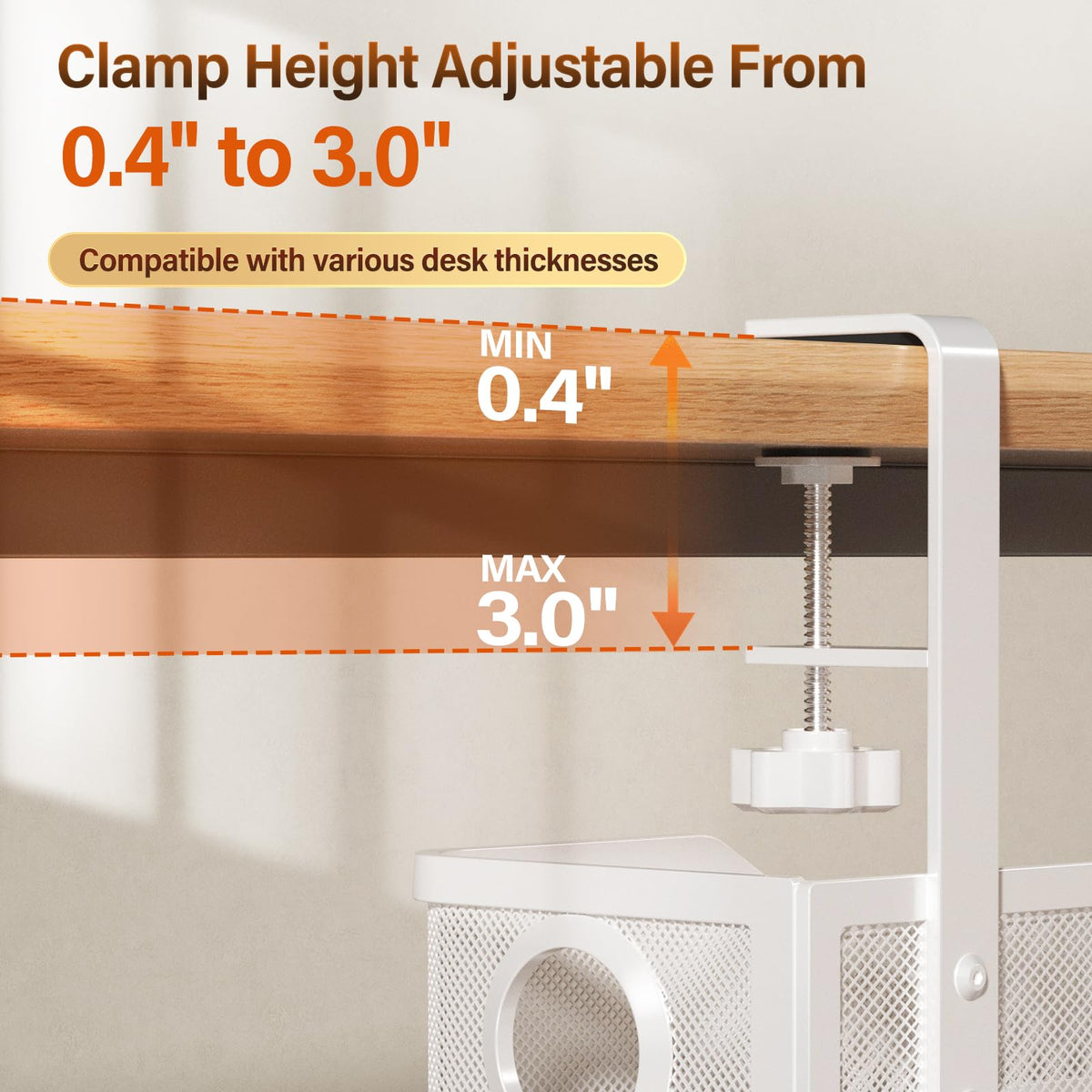 Cinati clamp and scratch-resistant pad detail protecting desk surface from damage