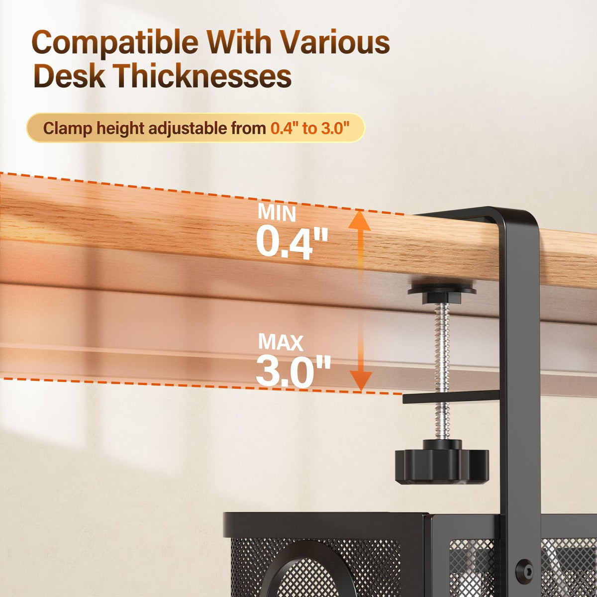 Cinati clamp attachment with protective pad preventing desk damage and secure mount