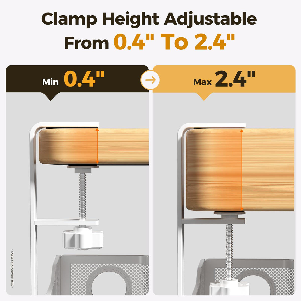 Cinati clamp closeup highlighting secure no-drill mount and desk protection