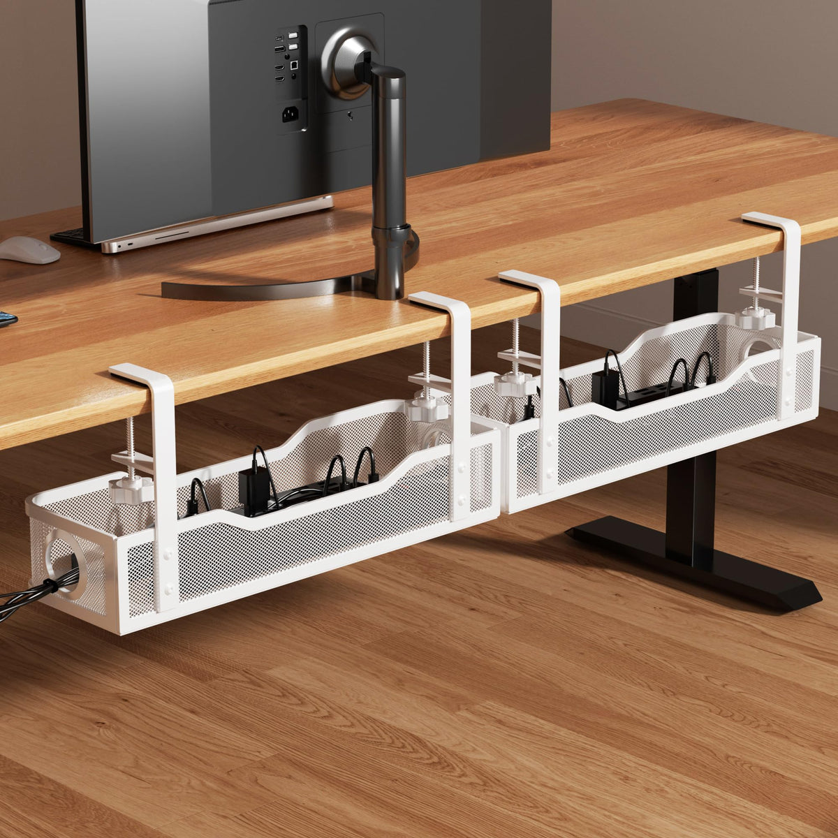 Cinati front view of two 16-inch under-desk trays showing compact storage benefit
