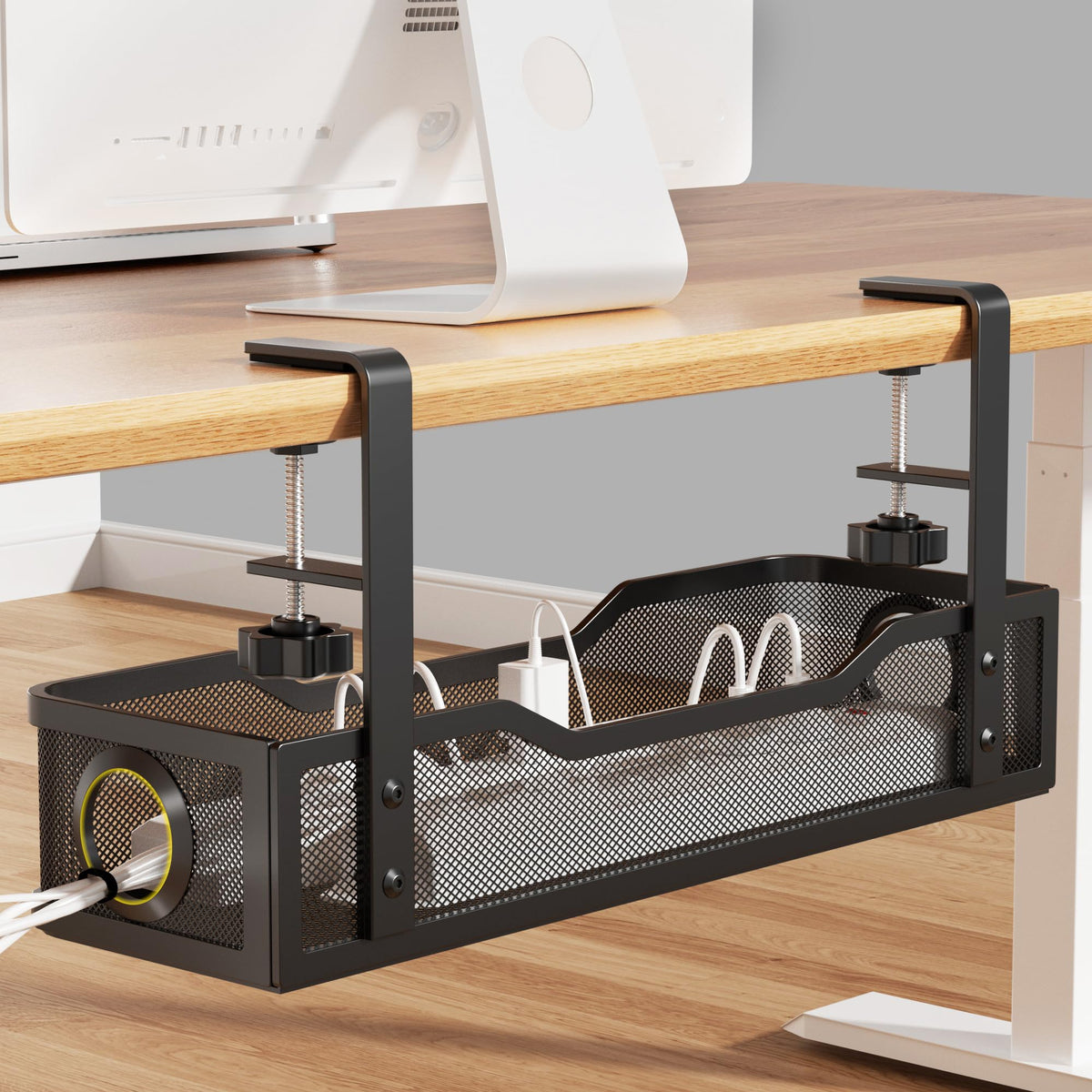 Cinati front view of 16-inch cable box showing clean cable concealment and organized desk