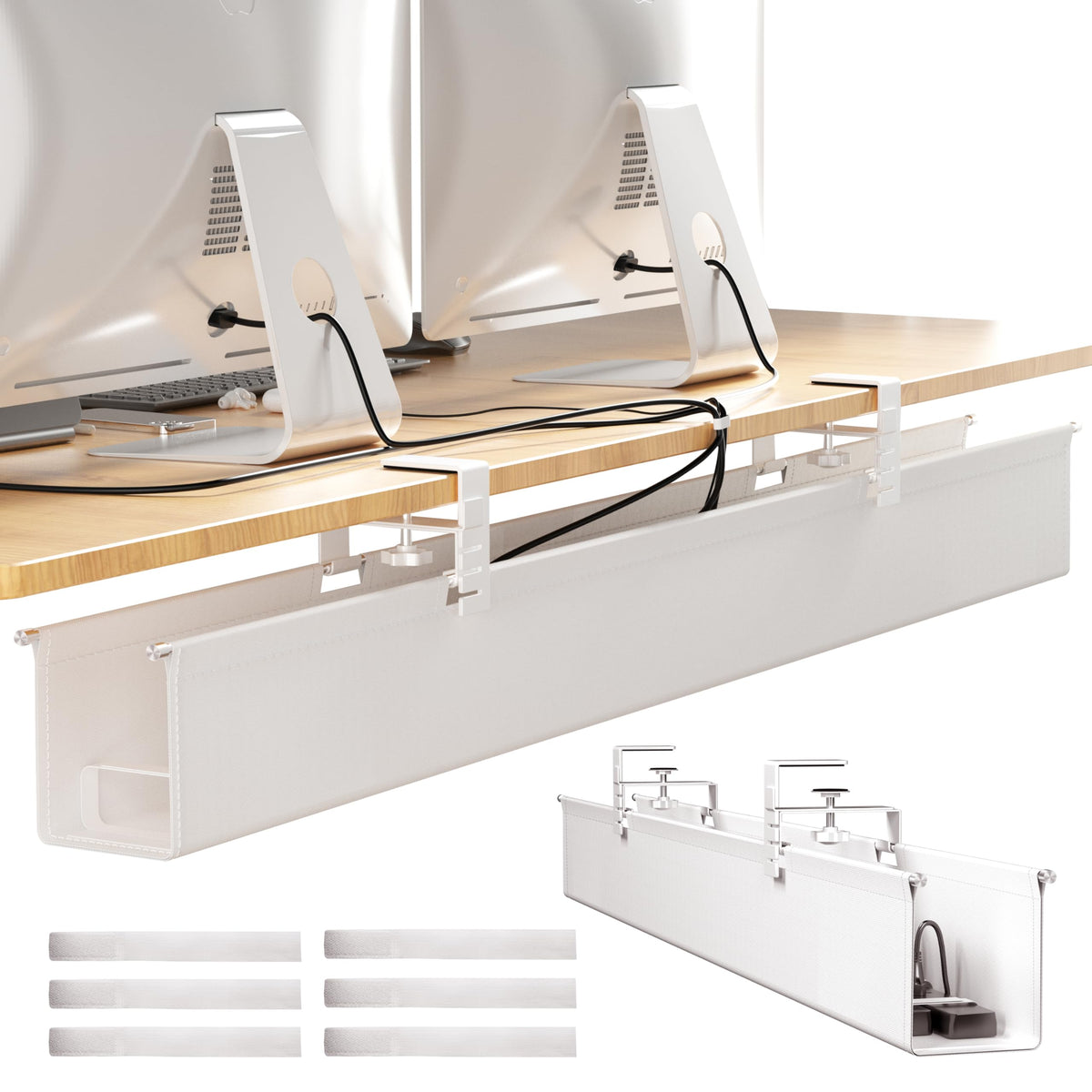 Cinati front view of under-desk cable tray hiding cords neatly
