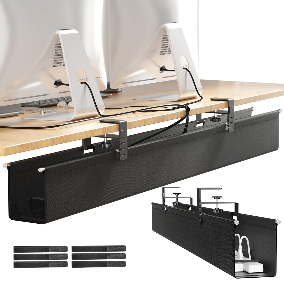 Cinati front view of 42 inch under-desk tray showing neat cable concealment and clean workspace