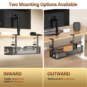 Cinati installed under desk holding power strip and adapters for safer floor space