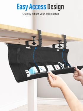 Cinati installed under a wood desk hiding power strips and reducing floor clutter in an office