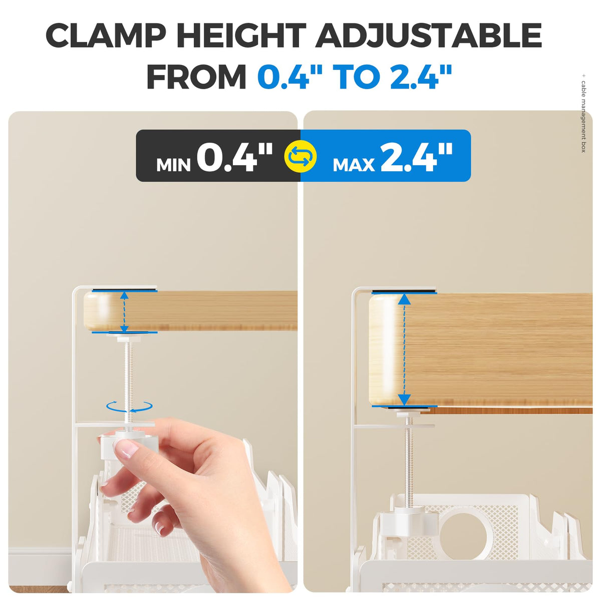 Cinati mounted under desk with ruler showing scale and secure weight support