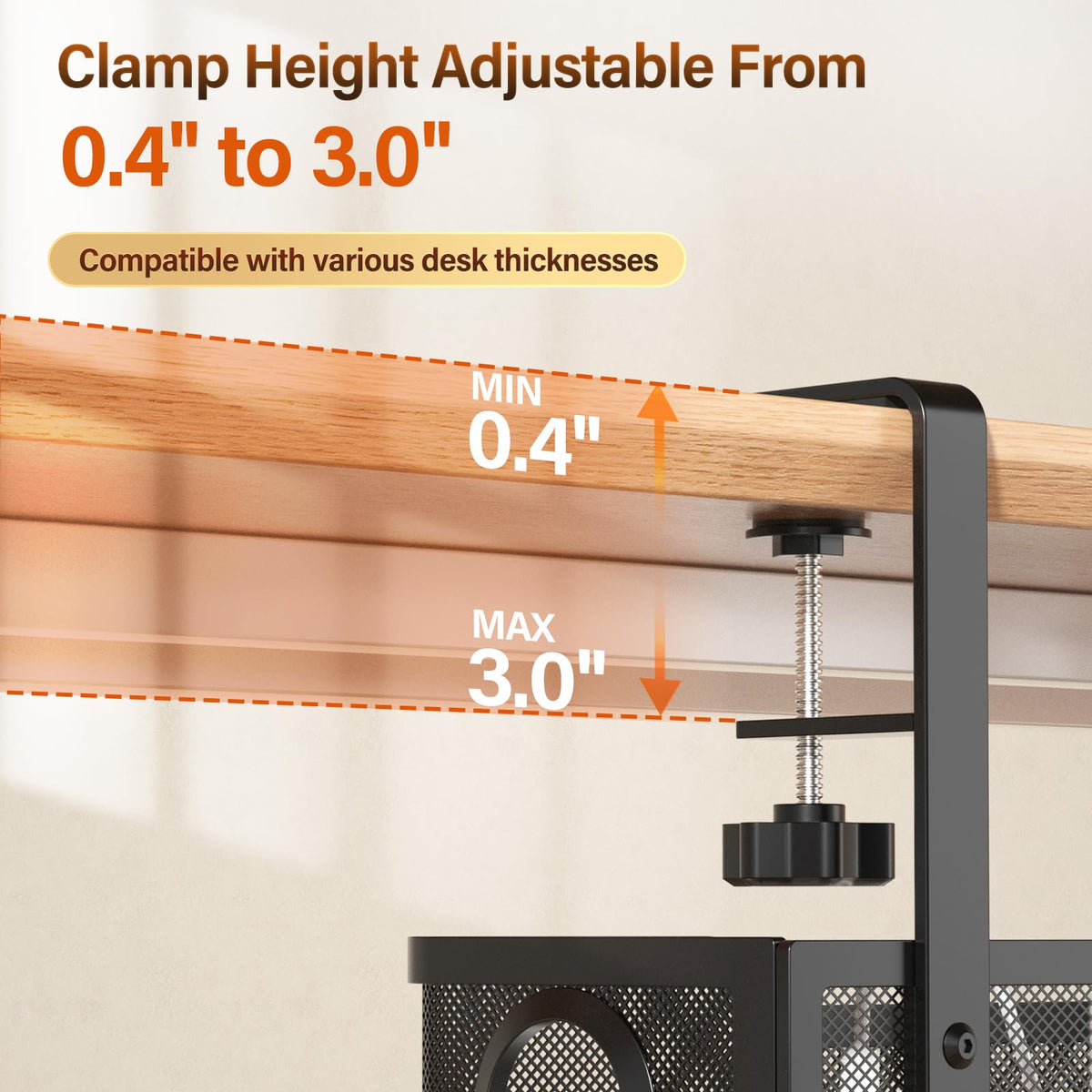 Cinati side view mounted under desk illustrating secure clamp hold