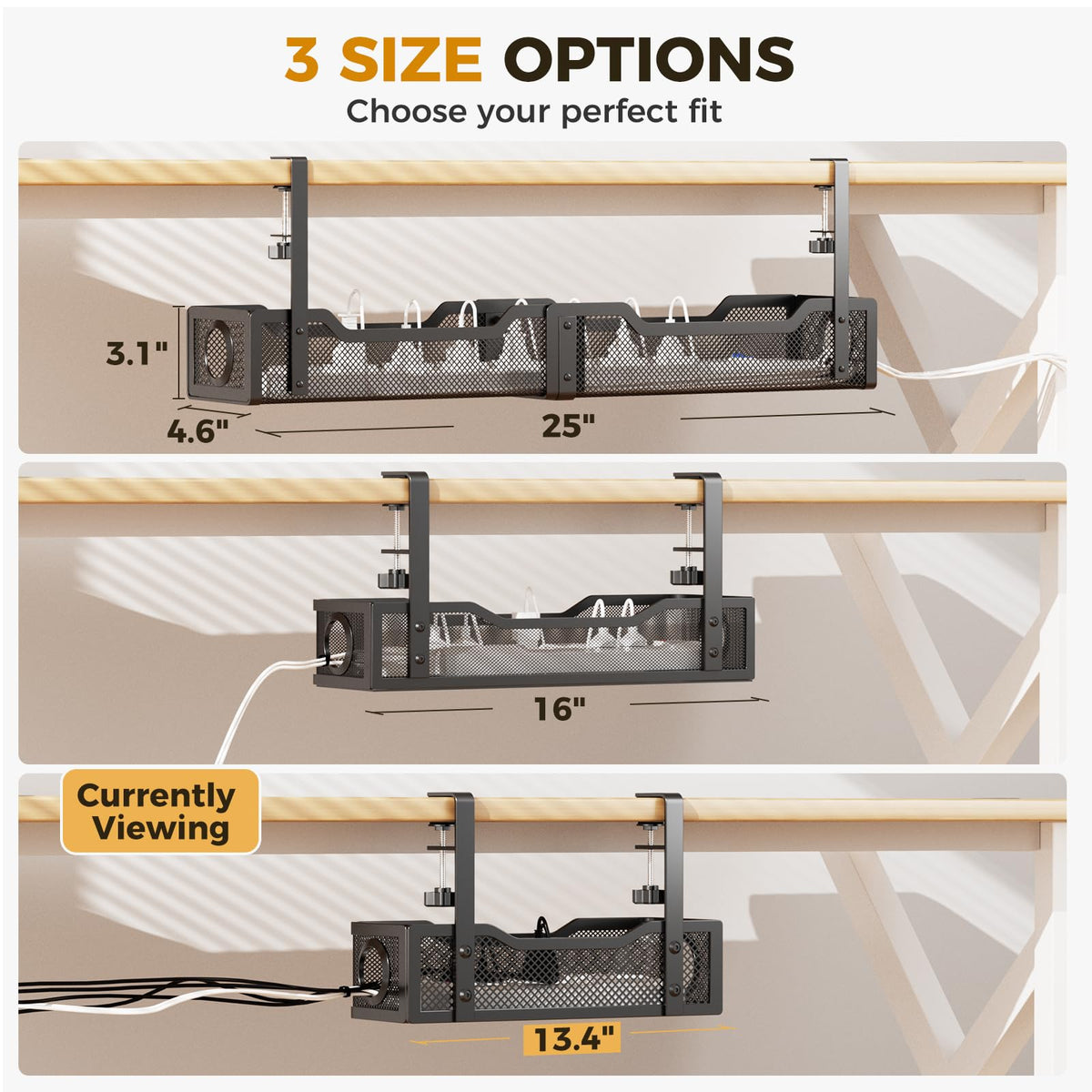 Cinati tray dimensions overlay showing 13.4 x 4.6 x 3.1 inch capacity
