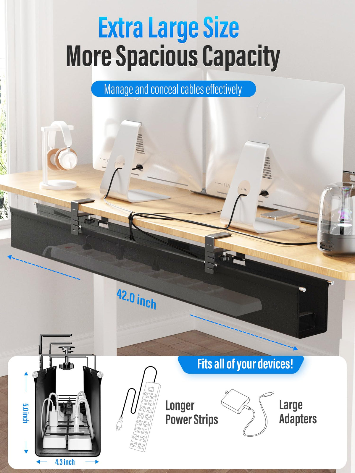 Cinati size comparison with hand showing the 42 inch length and 5 inch depth for capacity