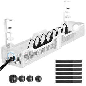 Cinati front view of white tray showing neat hidden cables and clean desk benefit