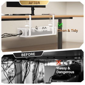 Cinati tray installed under desk holding cords and power strip to clear floor