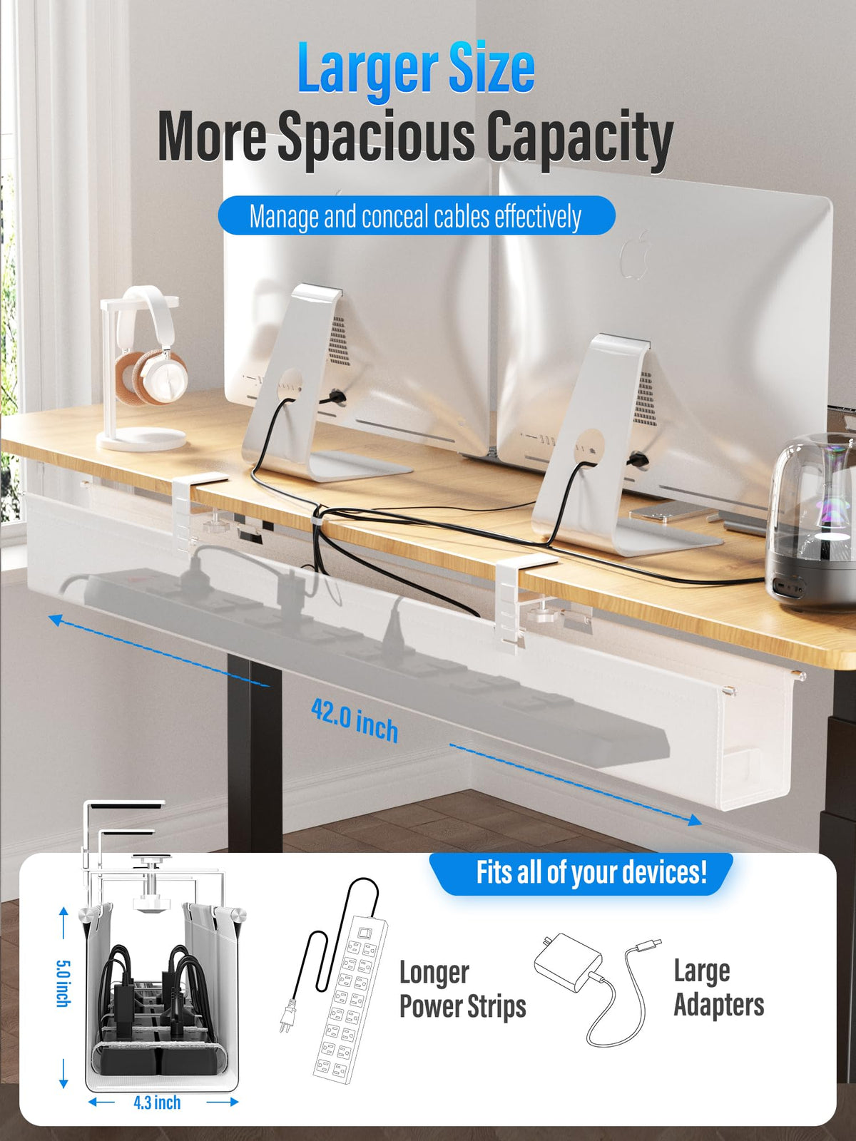 Cinati tray holding power strip and adapters for safer storage