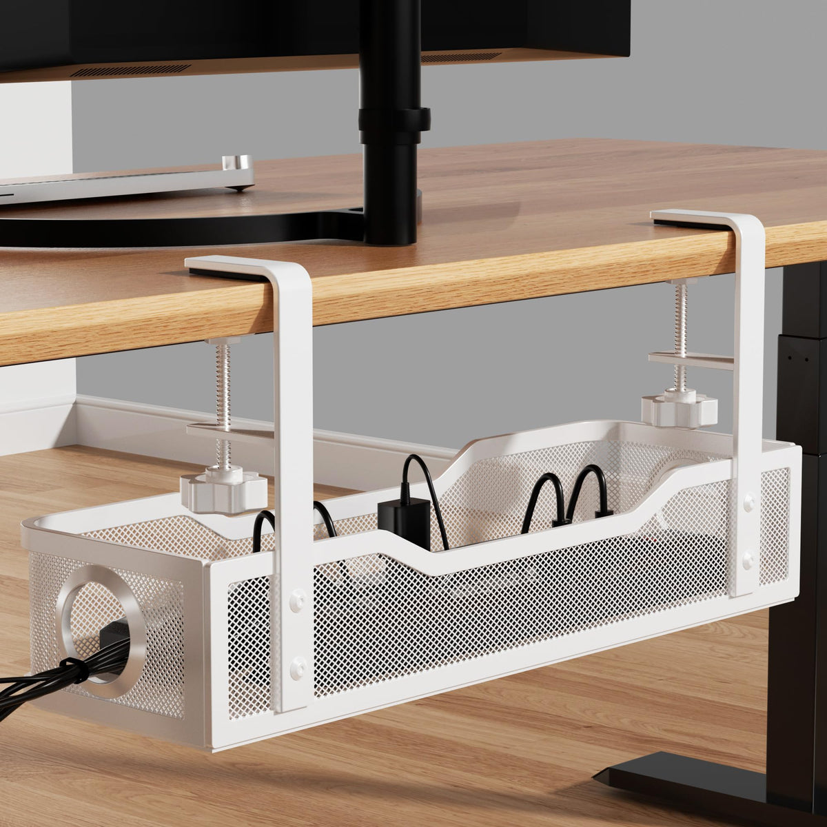 Cinati under-desk box front view showing clean hidden cords and tidy workspace