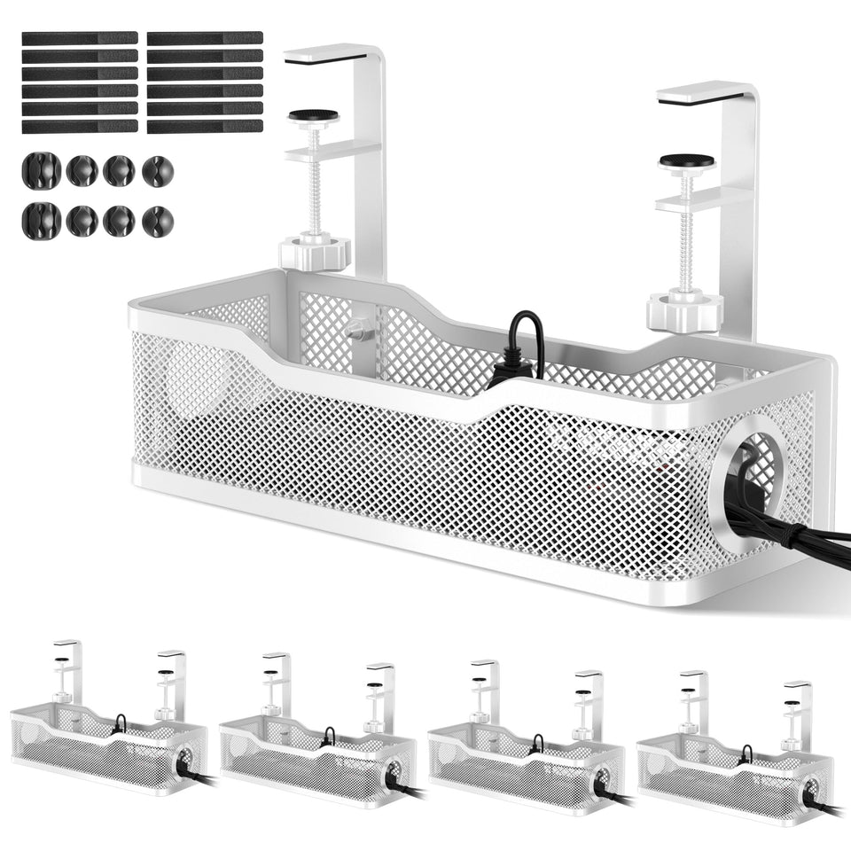 Cinati under-desk cable box front view shows clamp-on setup for easy installation.
