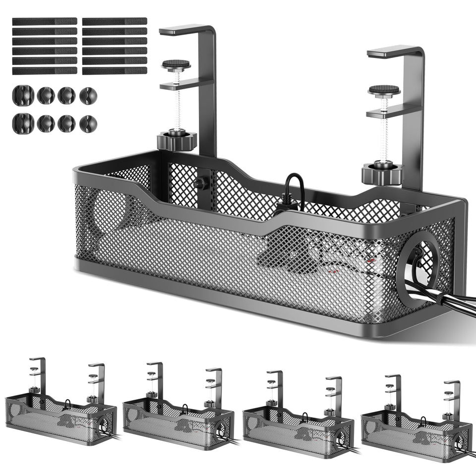 Cinati under-desk cable trays keep cords neatly organized beneath the workspace.