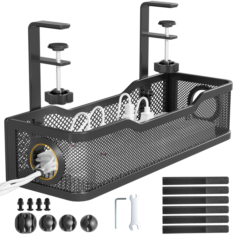 Cinati under-desk cable tray front view demonstrates tidy, accessible cable storage.
