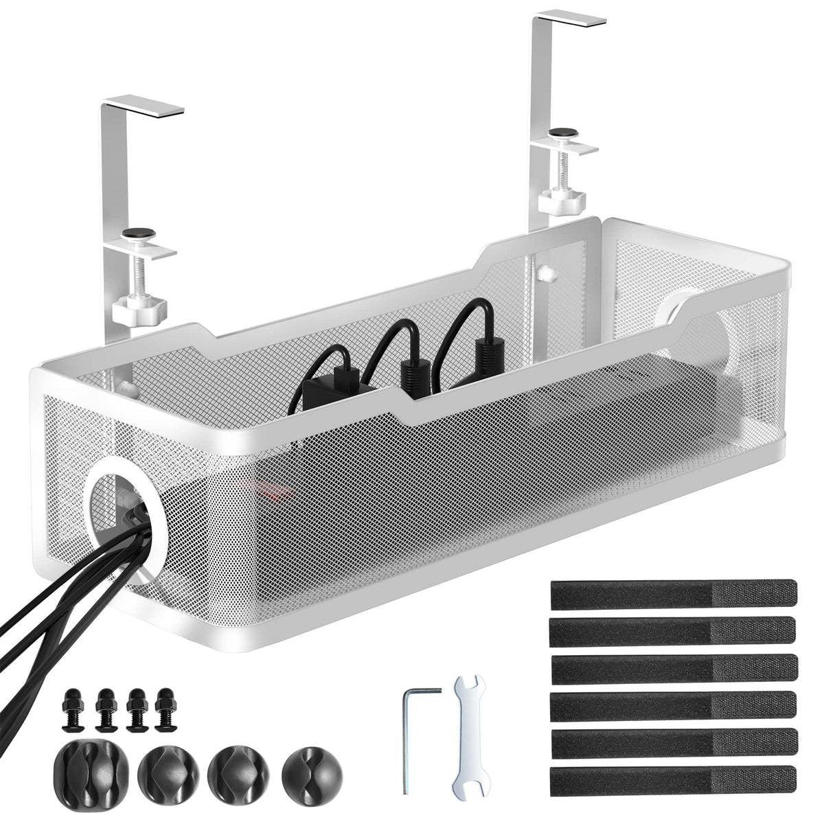 Cinati under-desk cable tray in white keeps cords tidy and accessible.