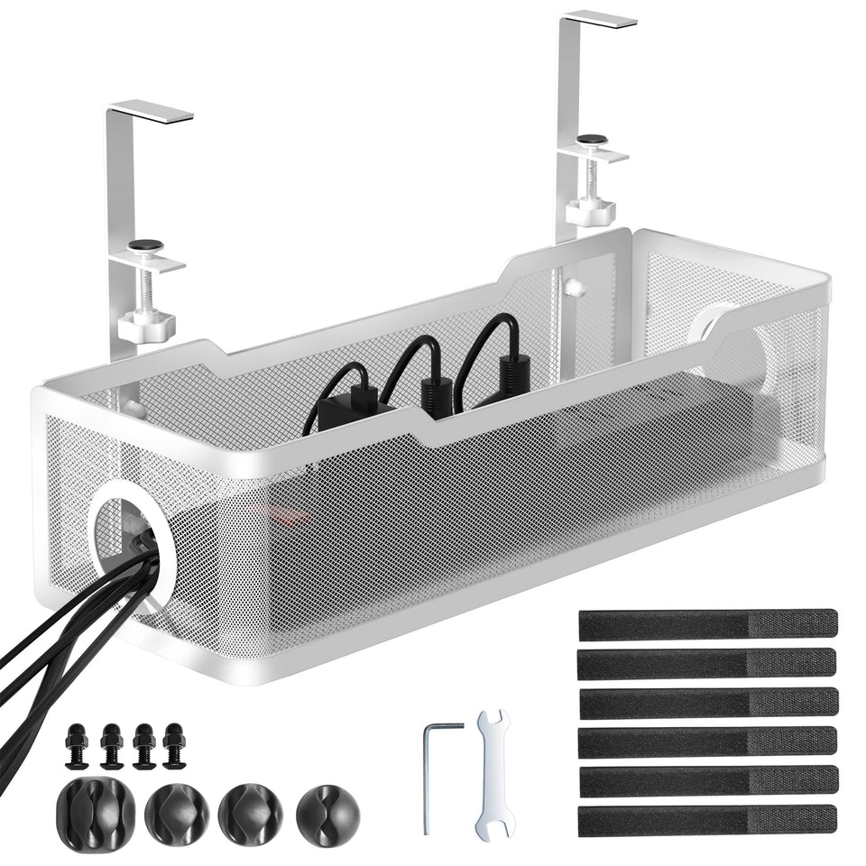 Cinati under-desk cable tray in white keeps cords tidy and accessible.