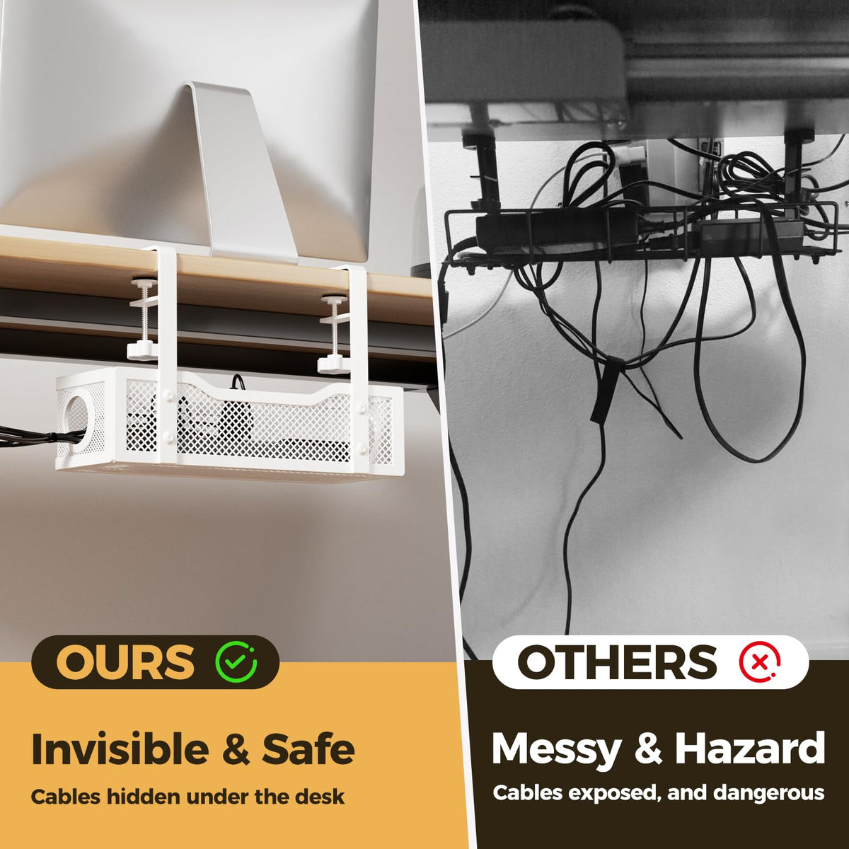 Cinati wire management box assembly demonstrates clutter-free workspace with anti-scratch padding.