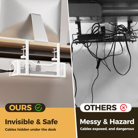 Cinati wire management box assembly demonstrates clutter-free workspace with anti-scratch padding.