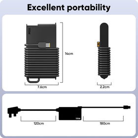 Cindrey adapter next to notebook for scale, portable travel‑friendly power solution