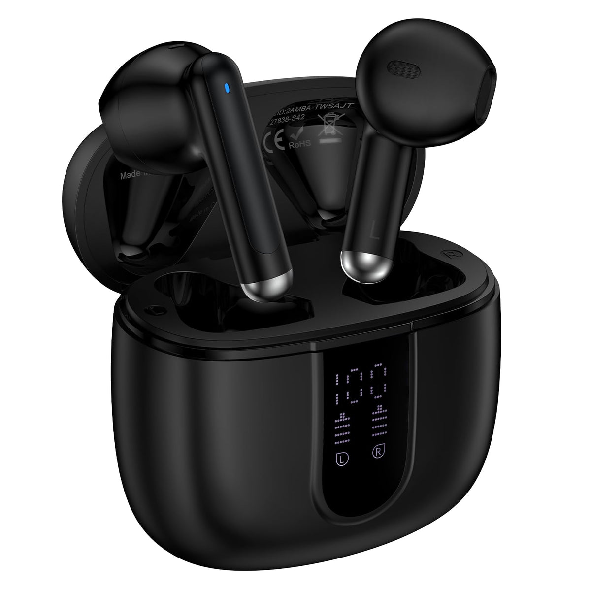 CIQILY wireless earbuds with LED display showing real-time battery status.