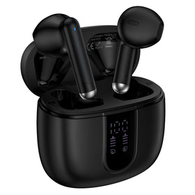 CIQILY wireless earbuds with LED display showing real-time battery status.