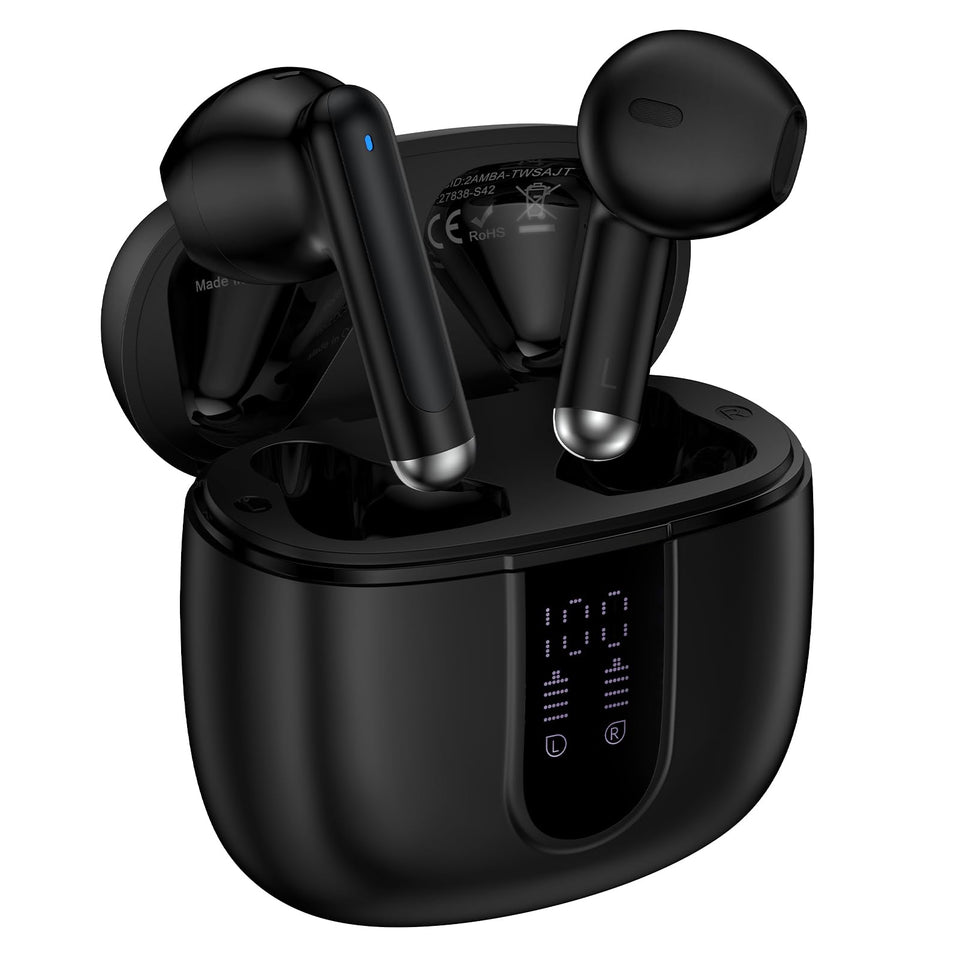 CIQILY wireless earbuds with LED display showing real-time battery status.
