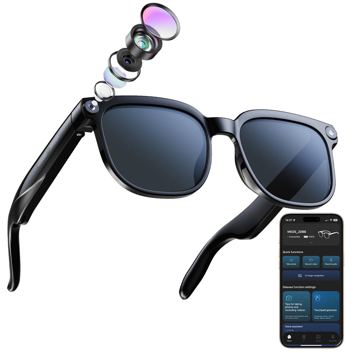 CJkao Smart Glasses with 8MP camera for hands-free photos and videos.