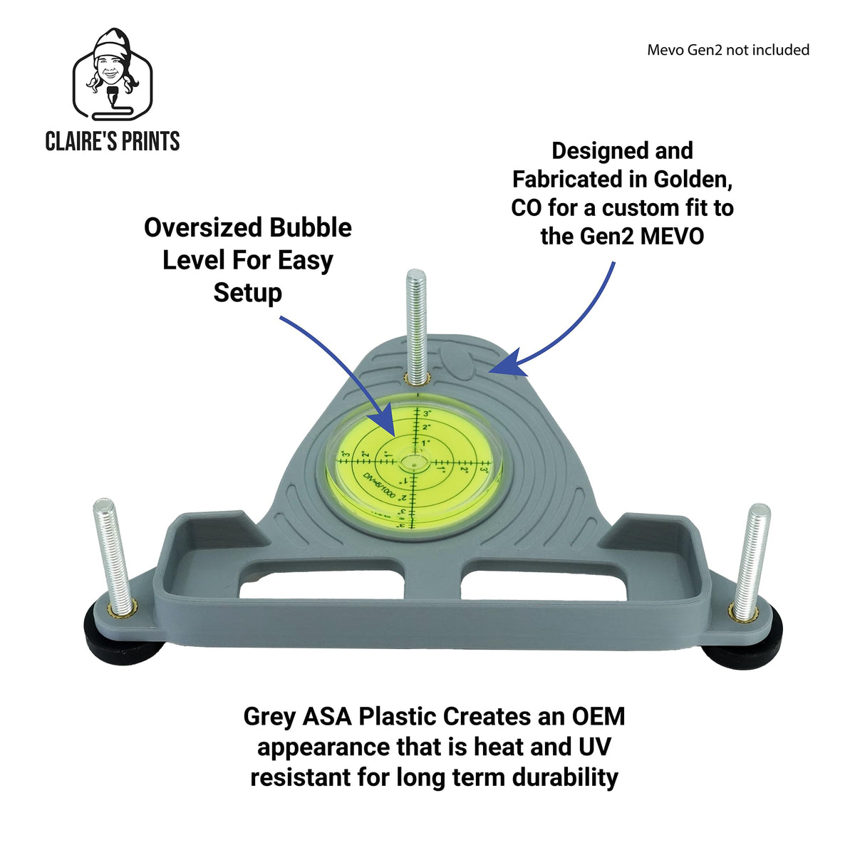 Claire's Prints long adjustable feet detail showing secure height control benefit