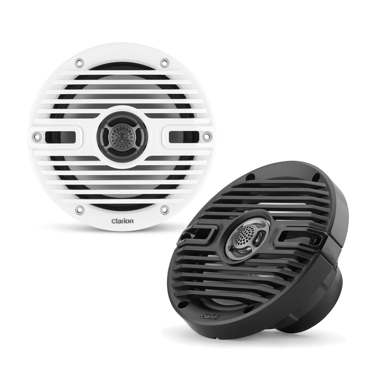 Clarion CMS-651-CWB marine speaker with white grille, ideal for saltwater environments.