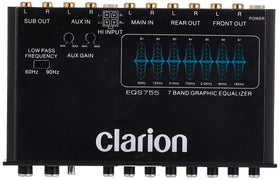 Clarion EQS755 rear inputs showing auxiliary connections for external devices.
