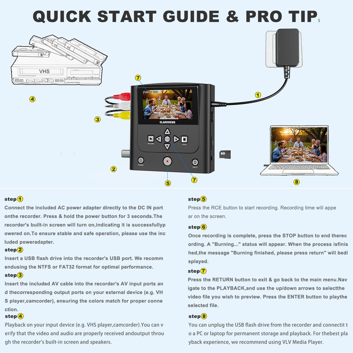 Clariviews VHS to DVD Recorder backup setup across DVD/USB/SD/HDD.