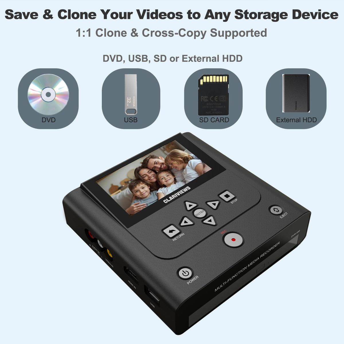 Clariviews VHS to DVD Recorder 4.3 inch LCD preview during capture.