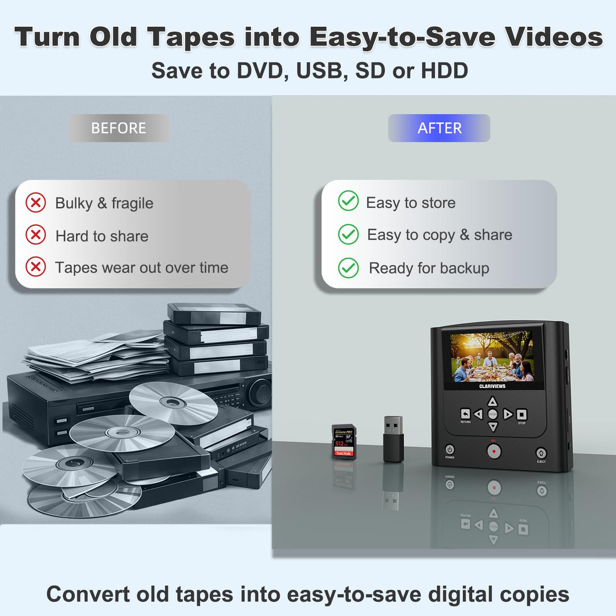 Clariviews VHS to DVD Recorder Phone App Copy for mobile transfers.
