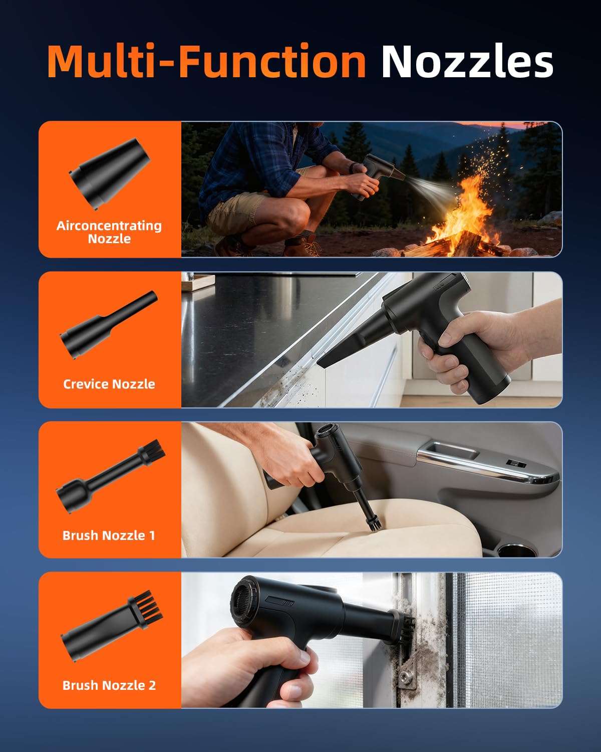 CLEANGOR air-concentrating nozzle targets keyboards and PCBs.