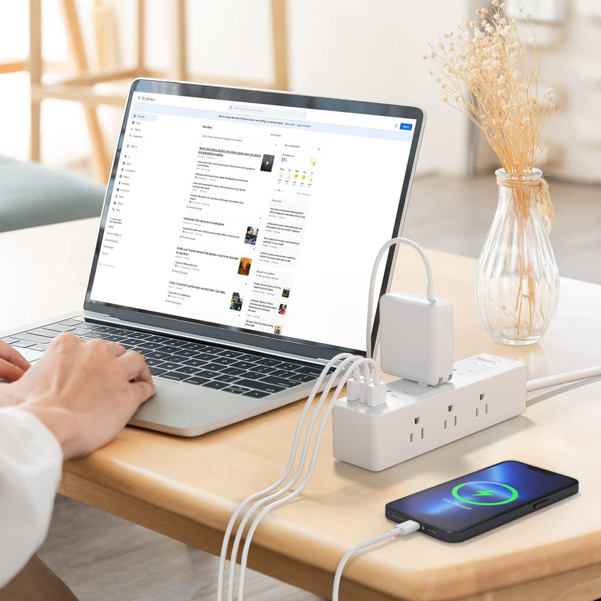 Clear Power 5ft cord reaches desks and behind furniture with ease