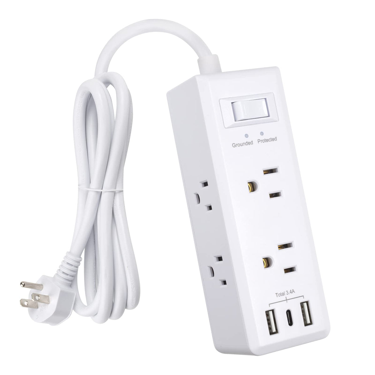 Clear Power 6-outlet surge protector on a desk powering multiple devices safely.